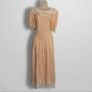 Vintage 80s Plaza South pink cottage core lace maxi dress